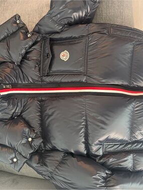 Moncler Black Shiny Down Puffer Jacket with Tricolor Zip Detail